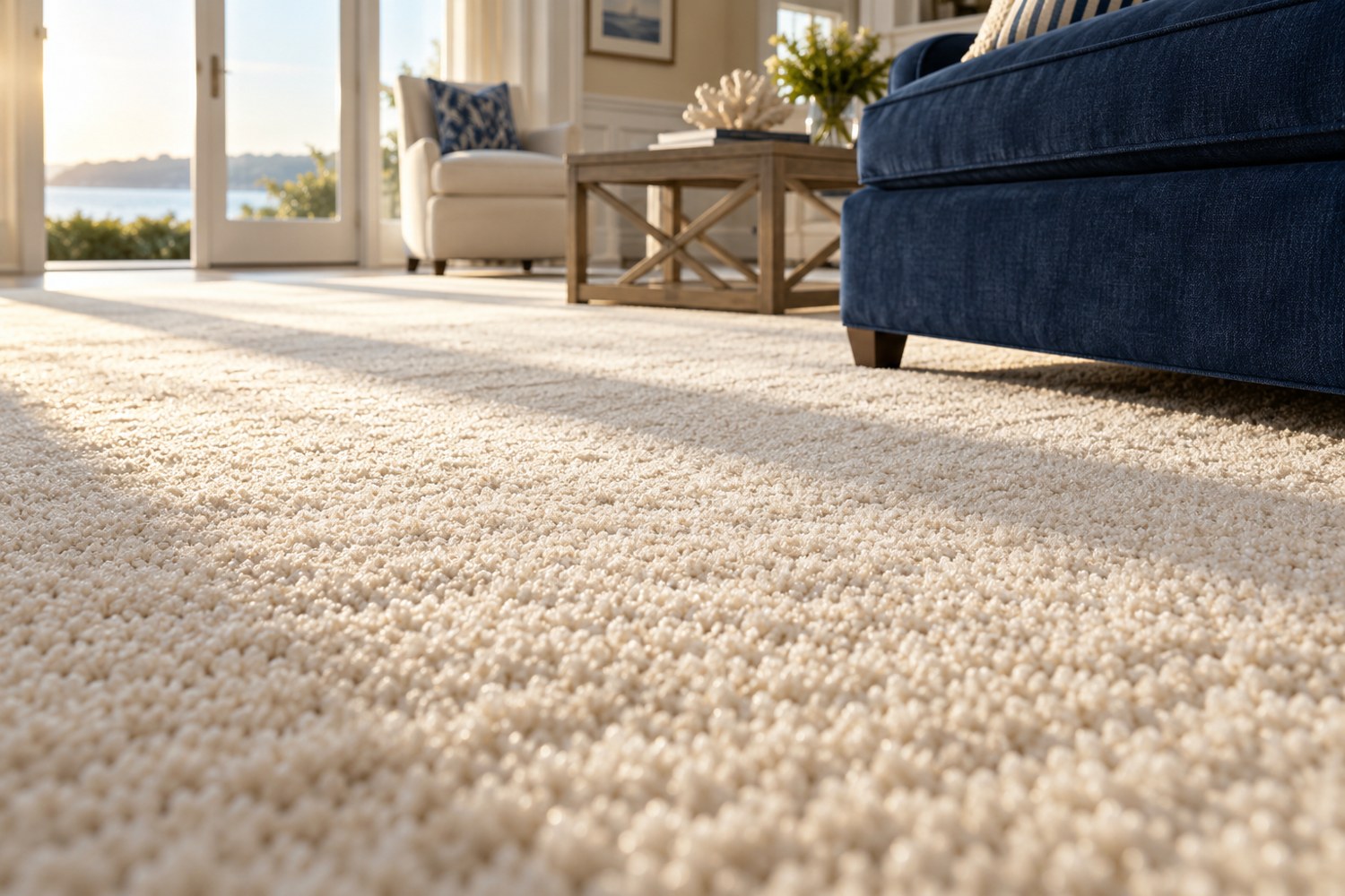 Clean cream carpet in a coastal living space