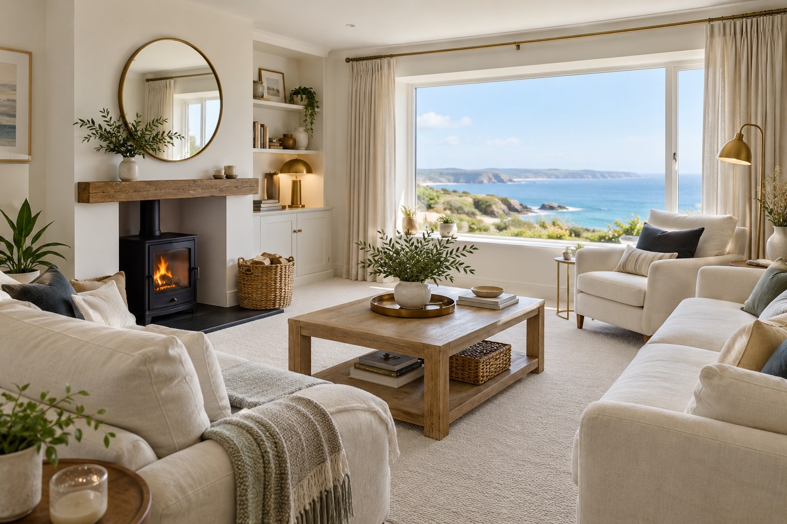 A bright coastal living room with clean carpets and comfortable seating